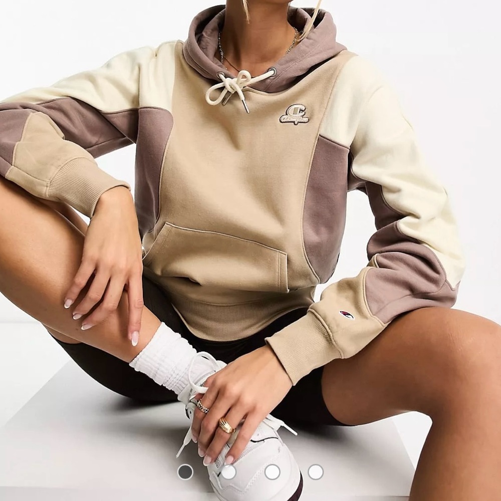 Champion color block hoodie in brown and cream